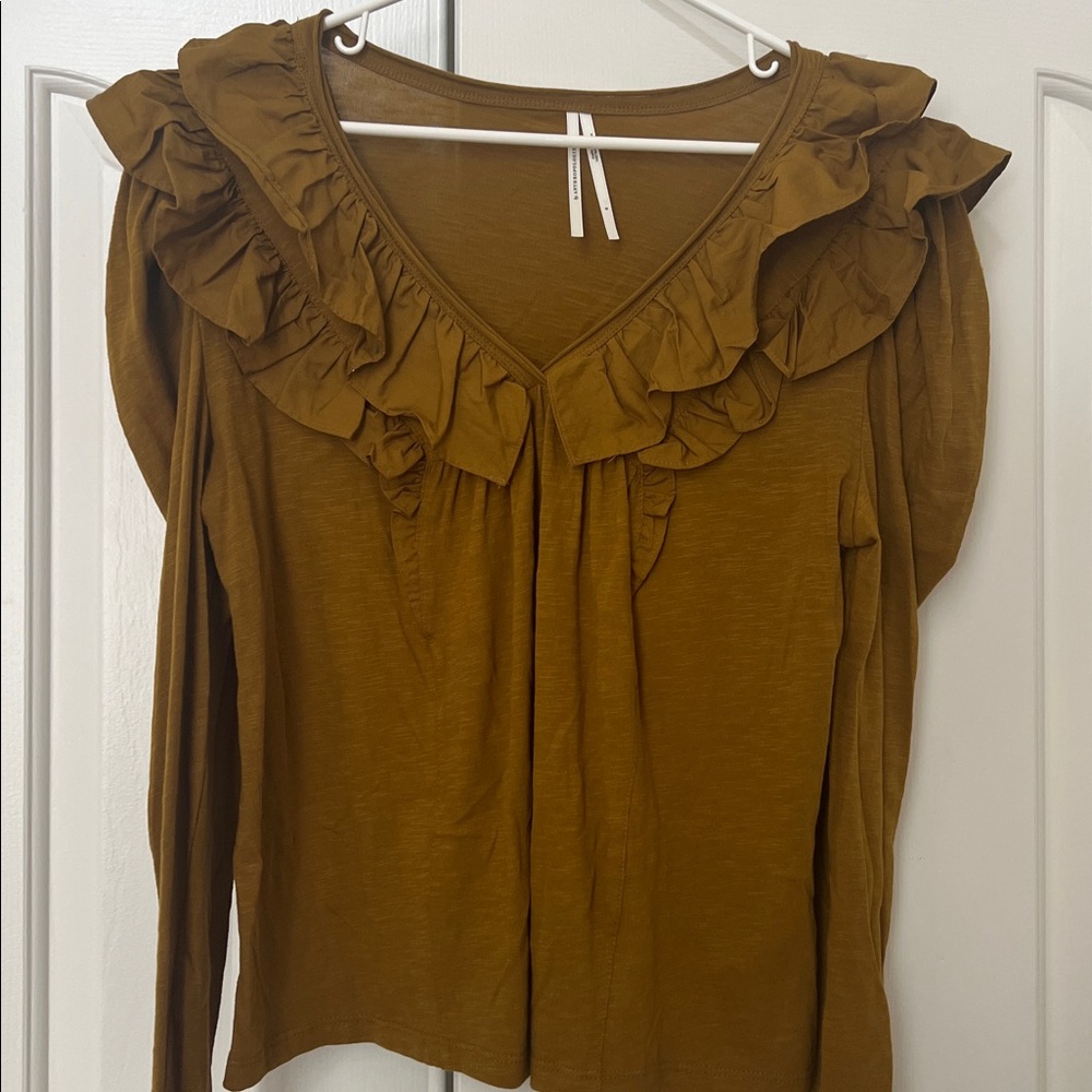 Anthropologie Ruffle V-Neck Blouse Puff Sleeve Boho Top Women’s Small NWOT